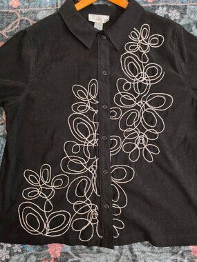 Susan Graver Style Western Floral Embroidered Black Blouse 1X Cowgirl Button